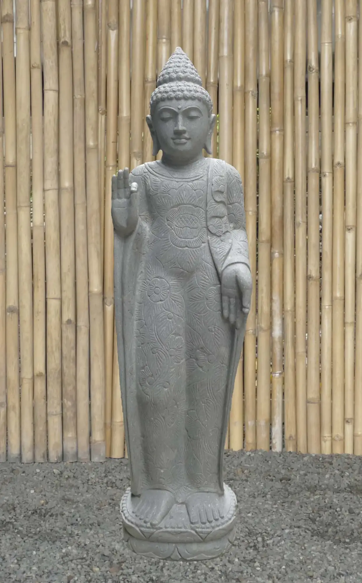  Product image 2 of the product “Standing Buddha with floral carving, Abudaya position. 40 x 28 x 152cm. Natural stone (river stone), stonemasonry ”